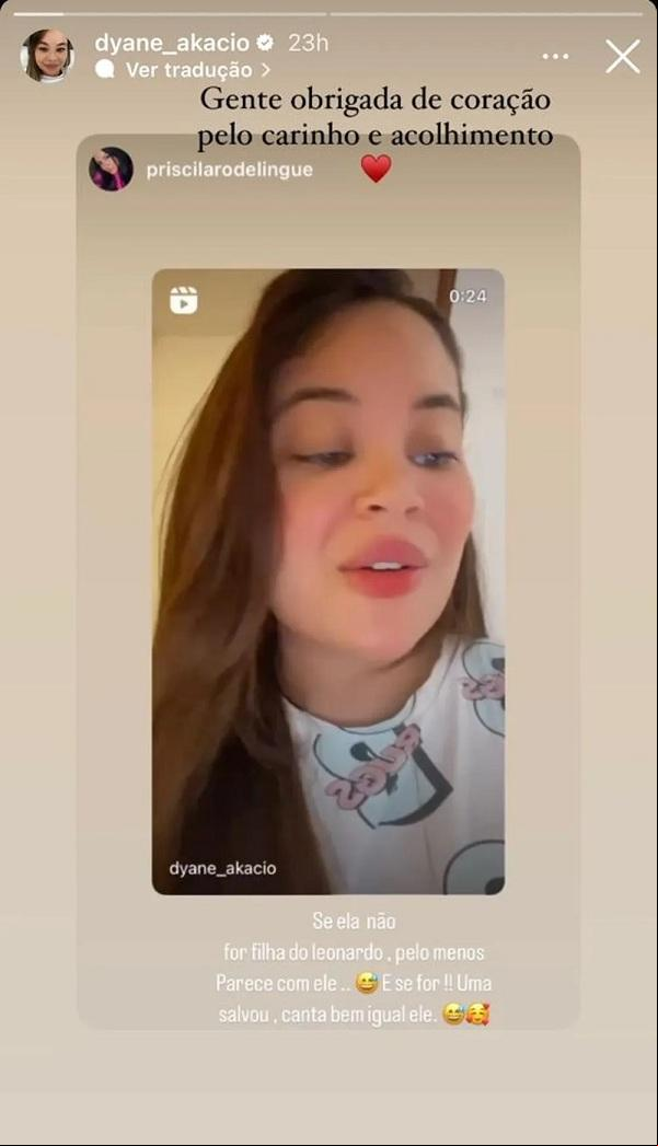 Dyane Akacio agradece apoio que tem recebido após revelar que pode ser filha de Leonardo.(Imagem:Reprodução/Instagram)