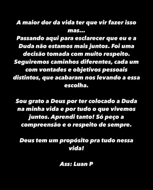 Luan Pereira anuncia fim de noivado com Maria Eduarda.(Imagem:Reprodução/Instagram)
