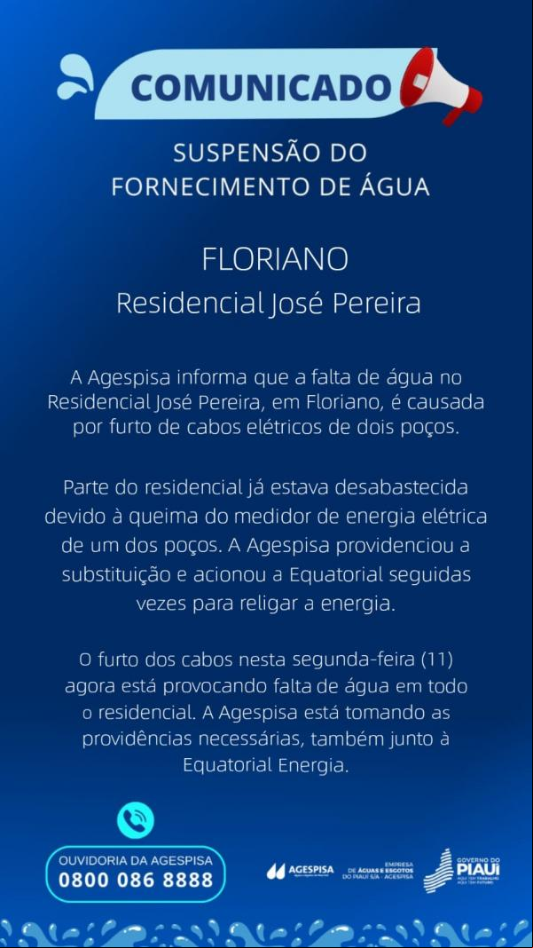 Agespisa e Equatorial trabalham em conjunto para solucionar o problema e restabelecer o abastecimento de água.(Imagem:Divulgação)