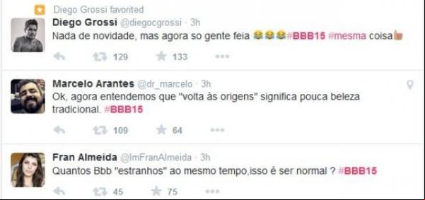 Ex-BBBs alfinetam participantes do BBB15.(Imagem: Reprodução/Twitter)