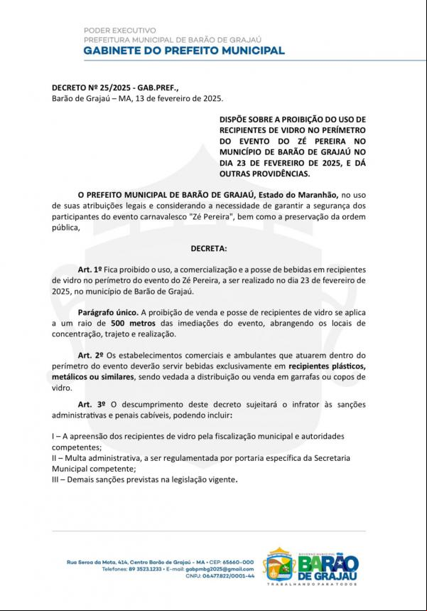 Prefeitura de Barão de Grajaú publica decreto que proíbe recipientes de vidro no evento