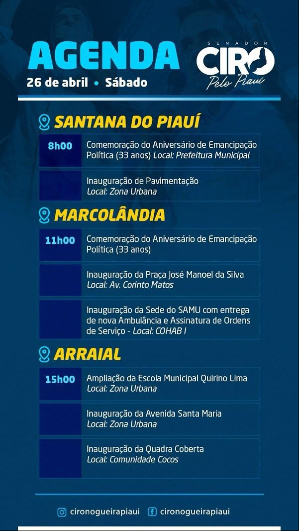 Agenda do Senador Ciro Nogueira para este sábado, 26 de abril.(Imagem:Divulgação)