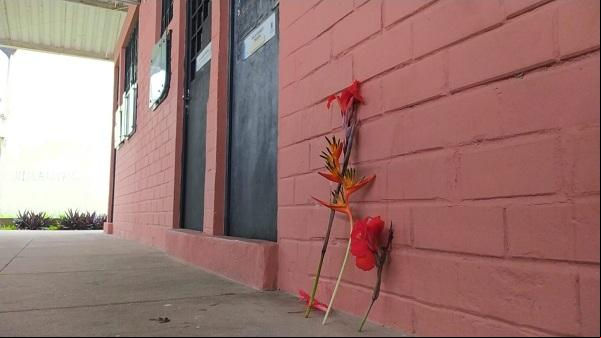 Flores posicionadas no local onde Janaína foi socorrida.(Imagem:Andrê Nascimento)