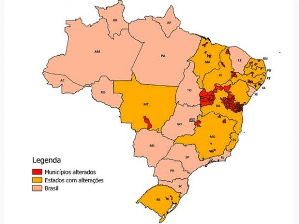 Mapa do IBGE indica municípios que tiveram os limites territoriais alterados.(Imagem:Reprodução/IBGE)