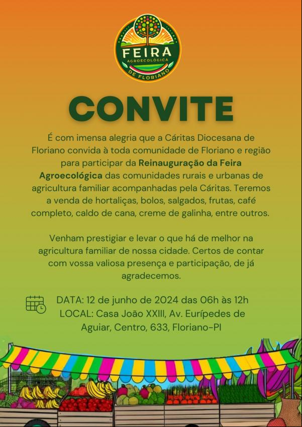 Reinauguração da Feira Agroecológica da Cáritas Diocesana será realizada nesta quarta (12)(Imagem:Divulgação)