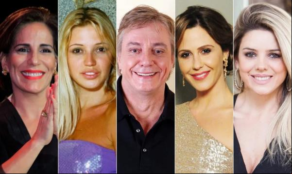Fábio Jr entre quatro de suas sete ex-mulheres: Glória Pires, Patrícia de Sabrit, Guilhermina Guinle e Mari Alexandre.(Imagem:Fotos de divulgação e Agência O Globo)
