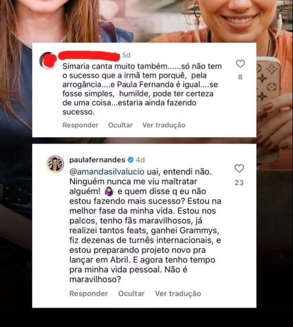 Paula Fernandes rebate internauta que diz que ela 