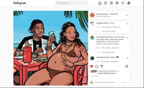 A cantora e empresária Rihanna reagiu a uma ilustração do quadrinista paraibano Paulo Moreira, em que ele a retrata em uma praia de João Pessoa, ao lado do namorado A$AP Rocky, com(Imagem:Reprodução)