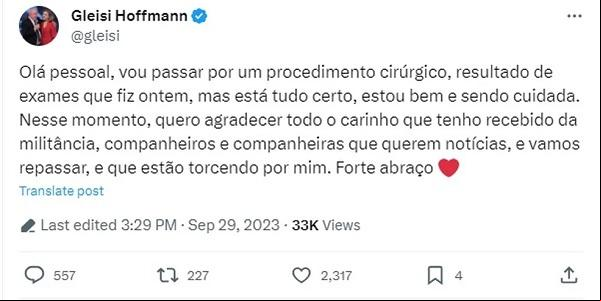 No Twitter, Gleisi tranquilizou apoiadores(Imagem:Reprodução/Twitter)