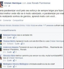 Em rede social, Crislan parabeniza José Ronaib pelo título do Campeonato Piauiense Sub-17.(Imagem:Reprodução/Facebook)