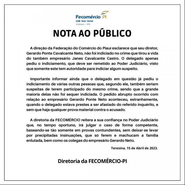 Fecomércio - NOTA AO PÚBLICO(Imagem:Divulgação)