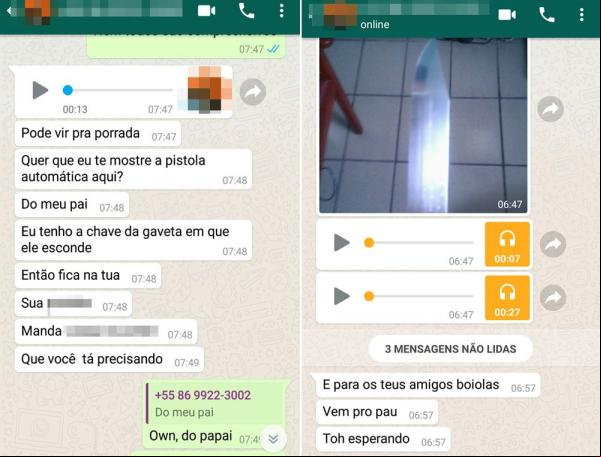 Jovem recebeu ameaças e resolveu denunciar.(Imagem: Reprodução/WhatsApp)