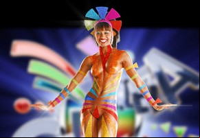 Aline Prado aparece pintada com as cores que remetem ao sol, à cultura indígena e ao verão (Imagem:Divulgação/TV Globo)