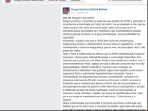 Reitor desabafou sobre insegurança na Uespi em rede social.(Imagem:Reprodução/Facebook)