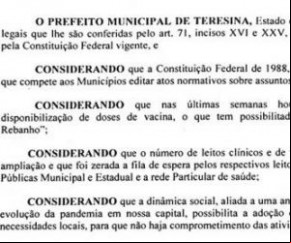 Para liberar o funcionamento das atividades comerciais, a Prefeitura de Teresina afirma no decreto que houve 