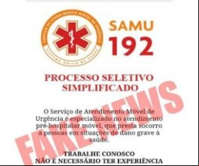 Notícia sobre processo seletivo para o SAMU é falsa.(Imagem:Reprodução)