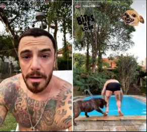 Ator foi mordido por seu cão Thor ao pular em piscina e levou 15 pontos na perna.(Imagem:Reprodução/Instagram)