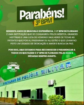 Câmara Municipal de Floriano presta homenagem ao 3º BPM pelos 60 Anos de dedicação à segurança.(Imagem:Reprodução/Instagram)