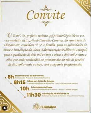 Solenidades de Posse e Instalação da Nova istração de Floriano acontecerão no dia 1º de janeiro de 2025.(Imagem:Reprodução/Instagram)