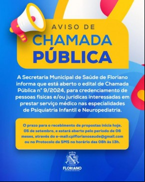  Secretaria de Saúde de Floriano abre Chamada Pública para prestação de serviços médicos em Psiquiatria Infantil e Neuropediatria.(Imagem:Divulgação)