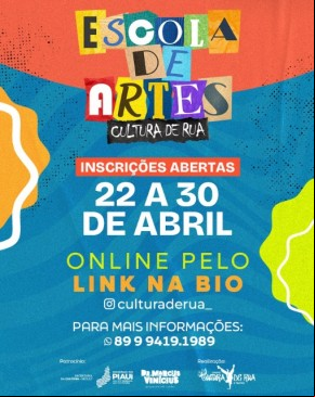 Escola de Artes Cultura de Rua em Floriano oferece inscrições gratuitas.(Imagem:Reprodução/Instagram)