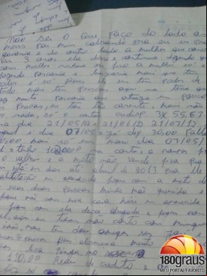 Família apresenta carta deixada por homem.(Imagem:180graus)