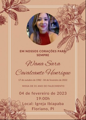 Convite Missa: 01 ano do falecimento de Wana Sara Cavalcante Henrique(Imagem:Divulgação)