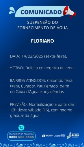 Defeito em rede interrompe abastecimento de água em bairros de Floriano nesta sexta (14)(Imagem:Divulgação )