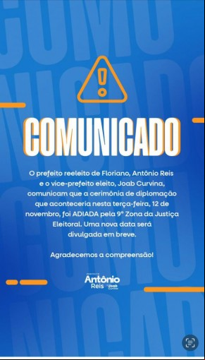 Prefeito e vice-prefeito eleitos de Floriano anunciam adiamento da cerimônia de diplomação.(Imagem:Divulgação)