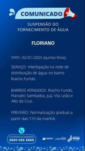 Manutenção na rede de água causa suspensão temporária em Floriano, informa Agespisa.(Imagem:Divulgação)