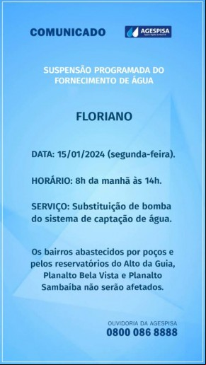 Agespisa realiza suspensão programada para melhoria no sistema de captação de água em Floriano.(Imagem:Divulgação)