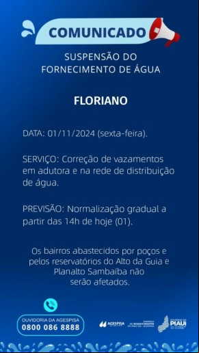 Agespisa informa suspensão temporária do fornecimento de água para manutenção em Floriano(Imagem:Divulgação)