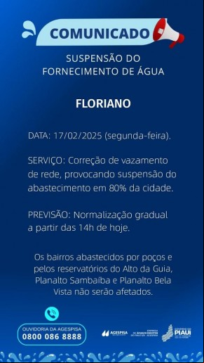 Suspensão de abastecimento de água afeta 80% de Floriano nesta segunda-feira.(Imagem:Divulgação)