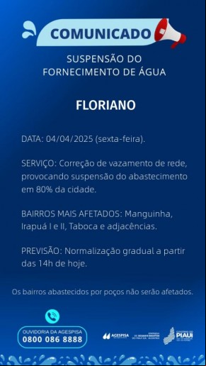 Agespisa informa suspensão temporária no abastecimento de água em Floriano nesta sexta-feira (04)(Imagem:Divulgação)