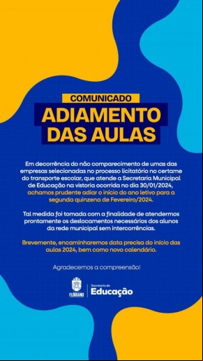 Secretaria de Educação comunica adiamento do início das aulas em Floriano.(Imagem:Secom)