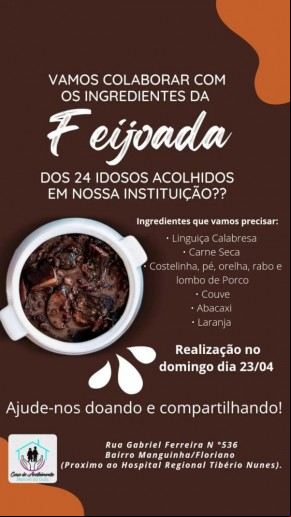 Casa do Idoso em Floriano conta com ajuda da comunidade para servir feijoada aos seus acolhidos.(Imagem:Divulgação)