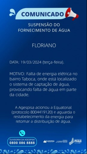 Falta de energia elétrica causa suspensão no fornecimento de água em Floriano.(Imagem:Divulgação)