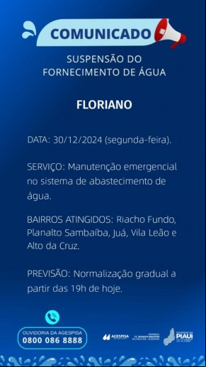Agespisa suspende fornecimento de água em Floriano para manutenção emergencial.(Imagem:Divulgação)