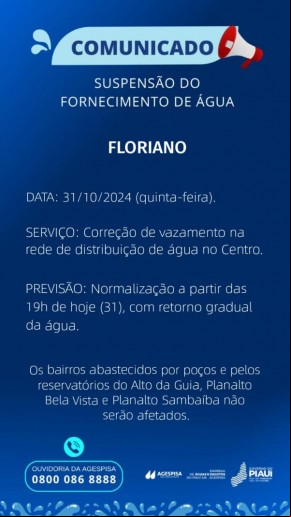 Agespisa anuncia interrupção do abastecimento de água em Floriano para manutenção no Centro.(Imagem:Divulgação)