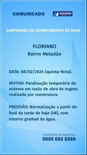 Agespisa anuncia suspensão temporária do fornecimento de água no bairro Meladão, em Floriano.(Imagem:Divulgação)
