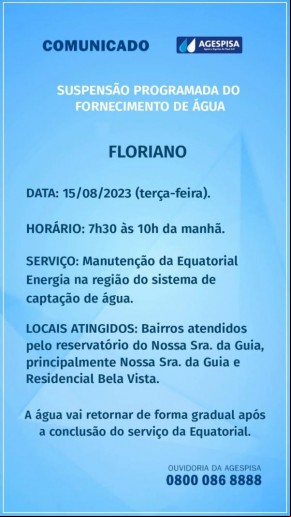 Agespisa realizará suspensão programada de fornecimento de água nesta terça-feira em Floriano(Imagem:Divulgação)