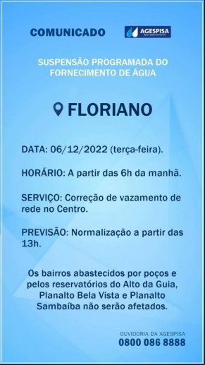 Agespisa suspende fornecimento de água em Floriano para correção de vazamento.(Imagem:Divulgação)