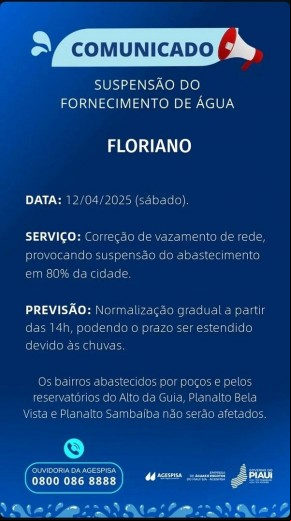 Agespisa comunica suspensão no fornecimento de água em Floriano neste sábado (12).(Imagem:Divulgação)