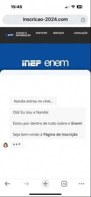 Golpe pagamento da taxa do enem. Print de página fraudulenta.(Imagem:Print/AgenciaBrasil)