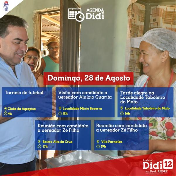 Confira a agenda do candidato a prefeito Didi Nunes para este domingo (28).(Imagem:Divulgação)