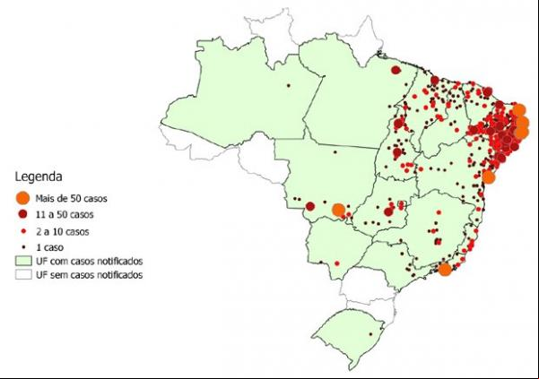 O mapa da distribuição de casos de microcefalia associados ao zika em 2015.(Imagem:Ministério da Saúde)