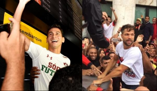 Ganso e Diego chegaram ao Rio de Janeiro nos braços das torcidas de Flu e Fla, respectivamente.(Imagem:GloboEsporte.com)