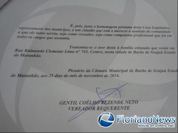 Câmara de Barão de Grajaú faz Moção de Pesar aos familiares de Gonzaga Carvalho.(Imagem:FlorianoNews)