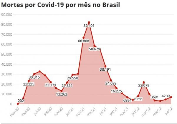 Mortes por Covid-19 por mês no Brasil.(Imagem:G1)