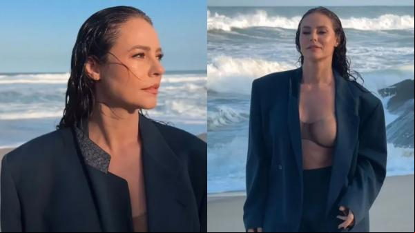 De terno, Paolla Oliveira faz ensaio de fotos no mar e se diverte com reação de fãs.(Imagem:Reprodução/Instagram)